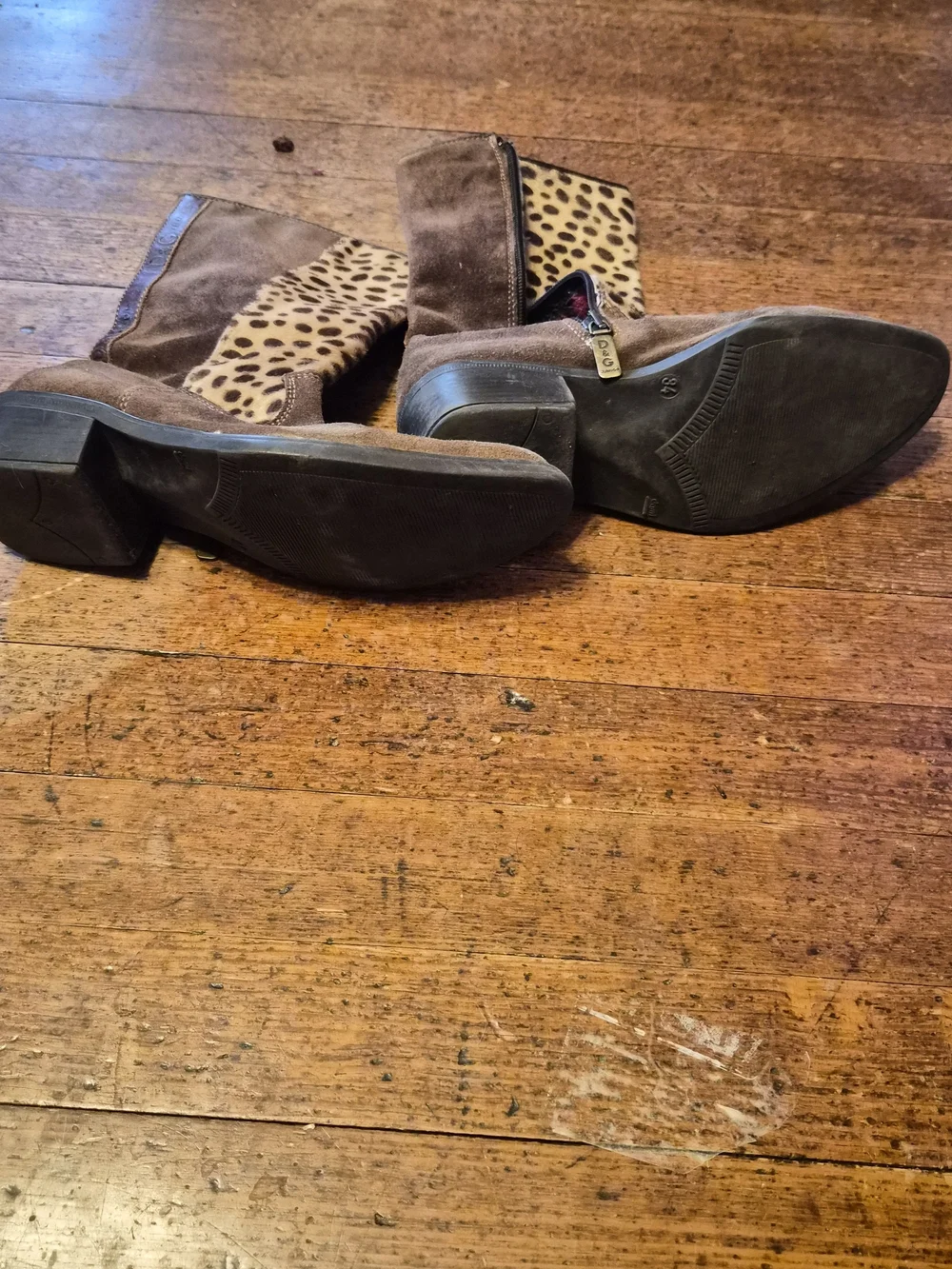 D&G Brown Suede Ankle Boots with Leopard-Print Lining and Plaid Detail